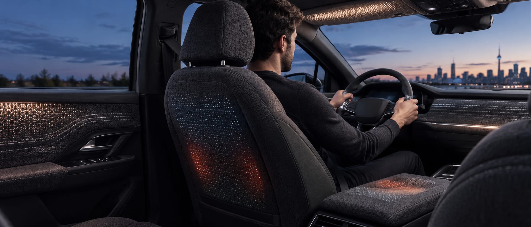 A production cabin at dusk — seat, door card and steering wheel as knitted surfaces