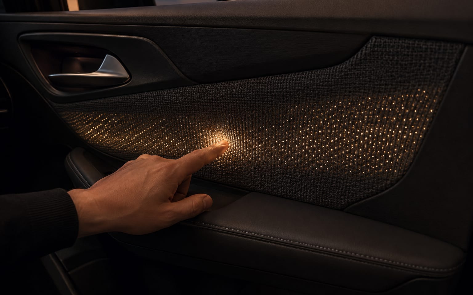A knitted light panel illuminated in a dark cabin