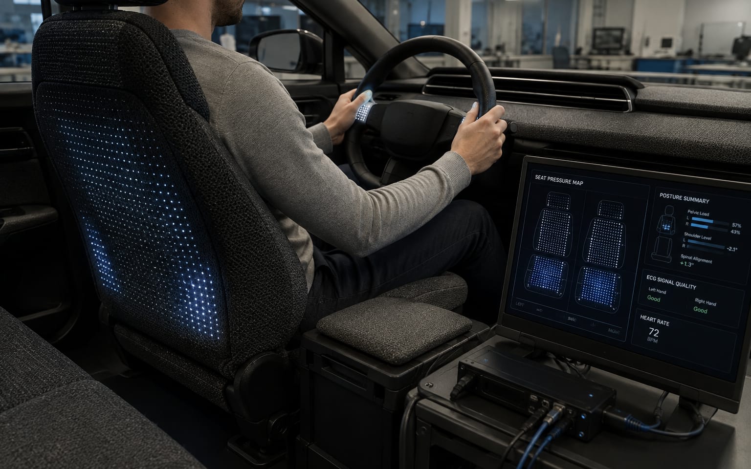 An occupant-sensing seat and steering wheel under evaluation