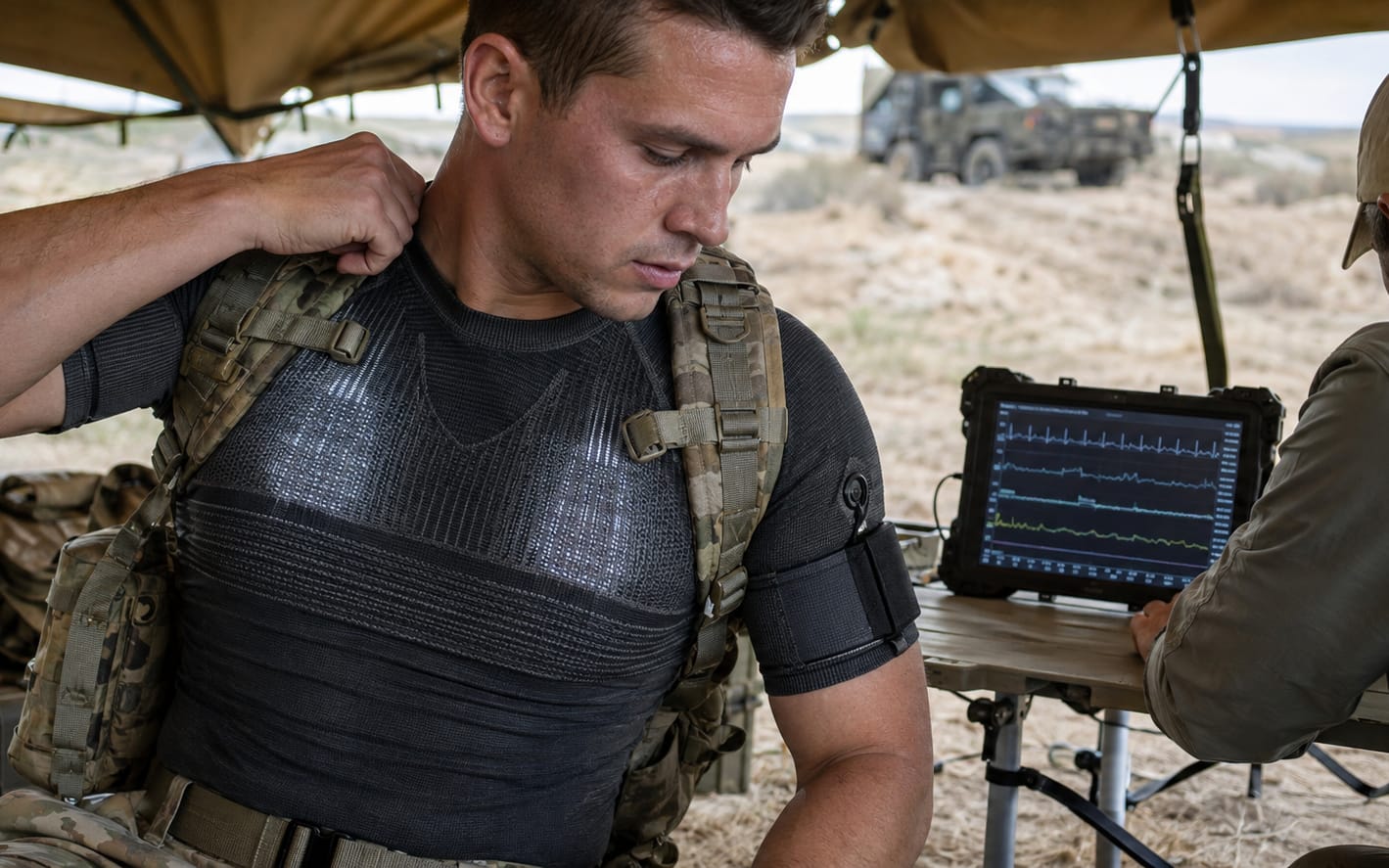 A soldier in a sensing base layer with an operator reviewing live readings