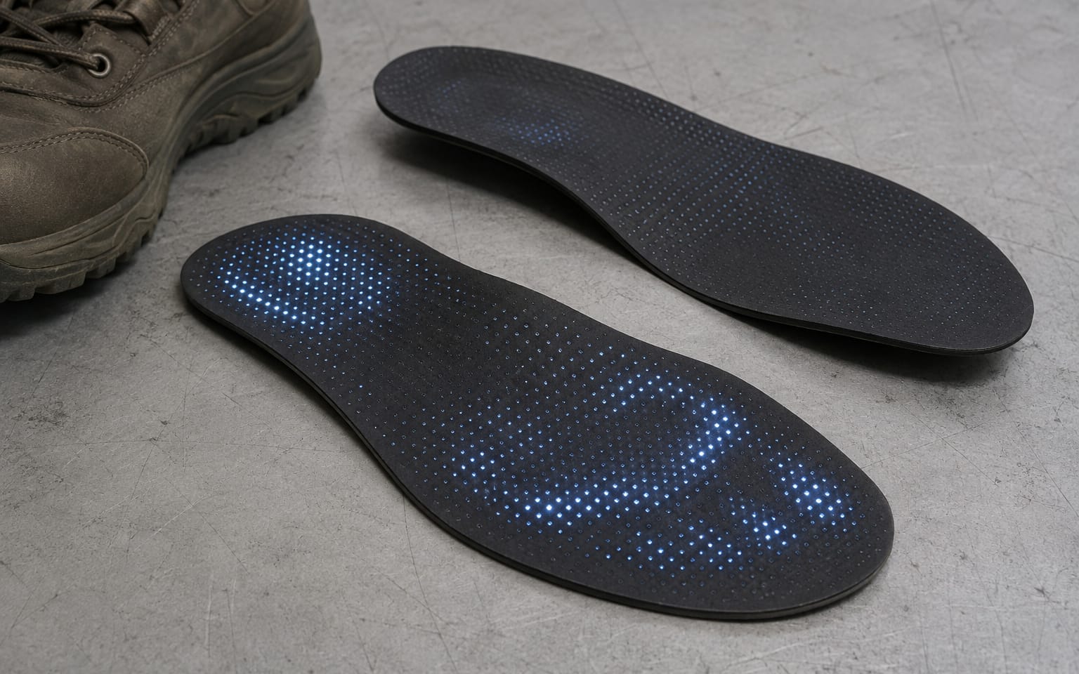 A pair of ultrathin sensing insoles, one flipped to show the matrix