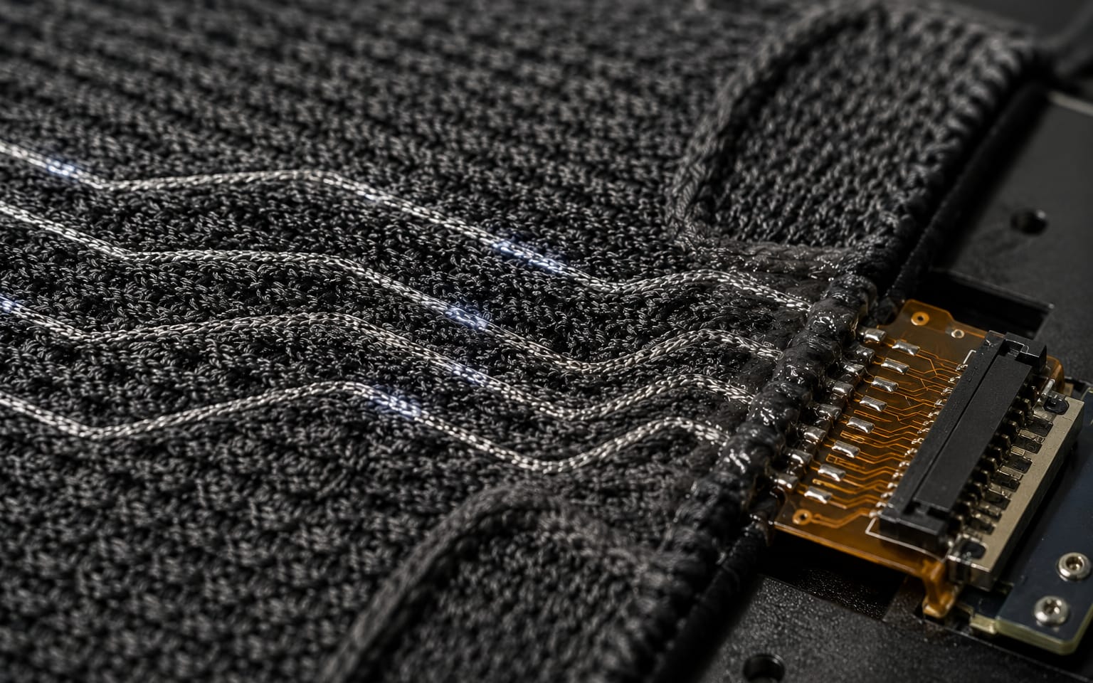 Macro of the technical knit — conductive yarn routing through the structure