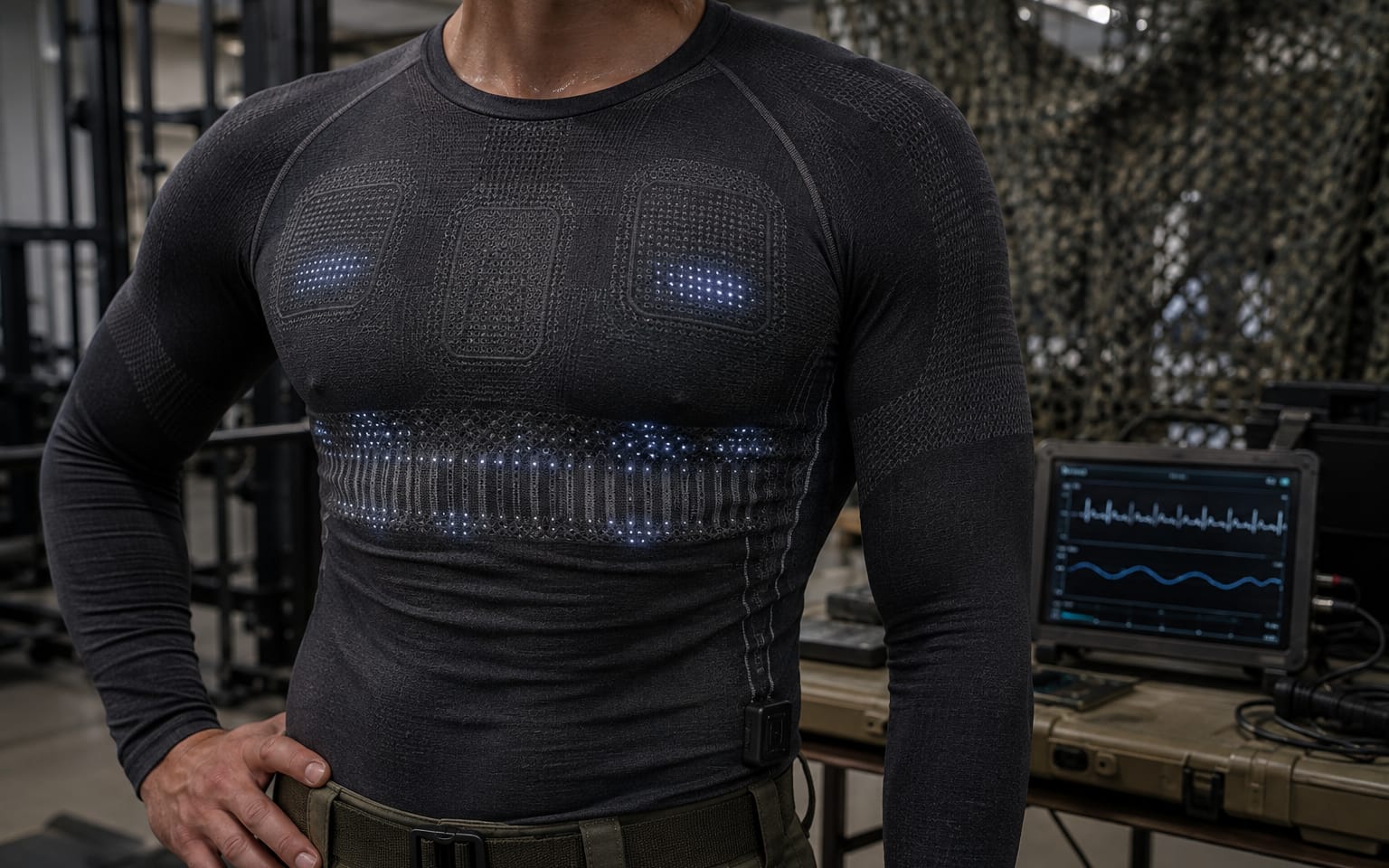 A tactical base-layer shirt, knitted electrode zones reading as texture