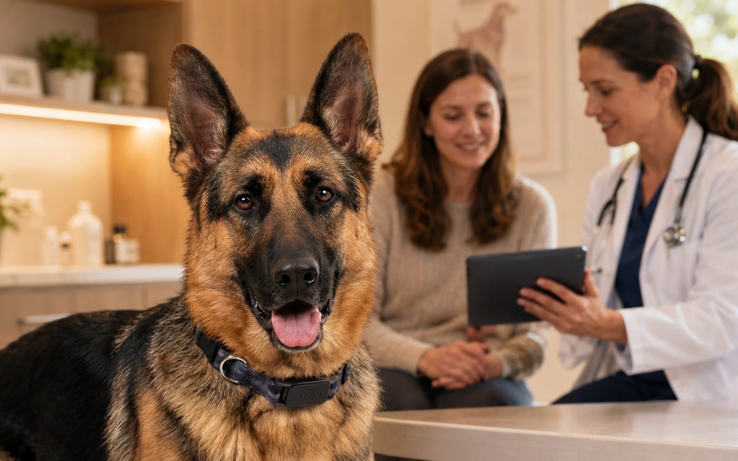 A dog wearing a SKIIN collar during a veterinary check-in