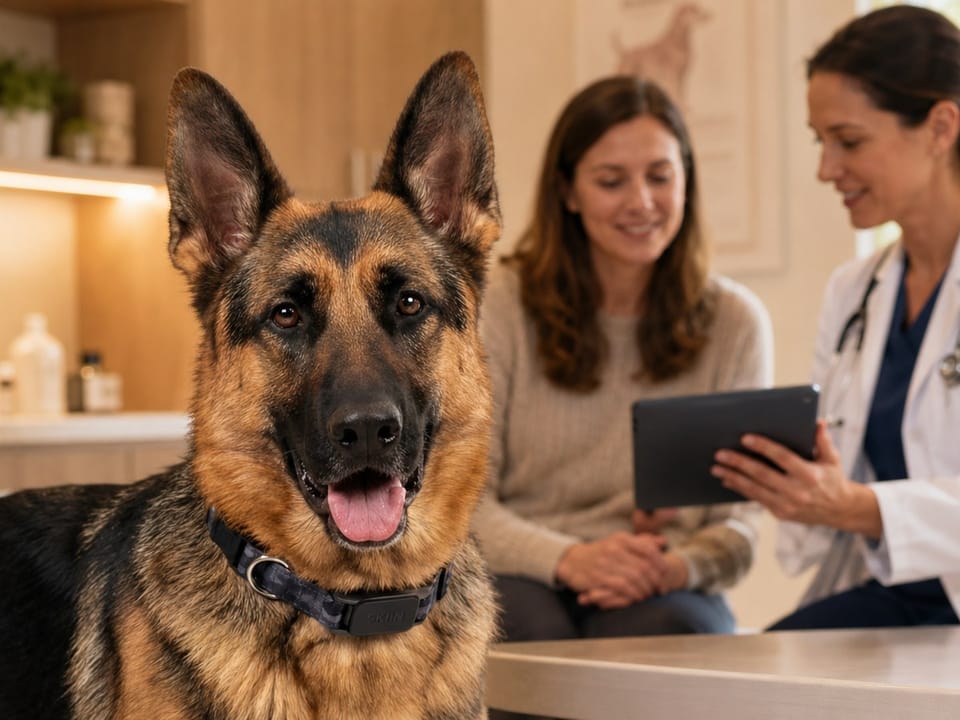A dog wearing a SKIIN collar during a veterinary check-in