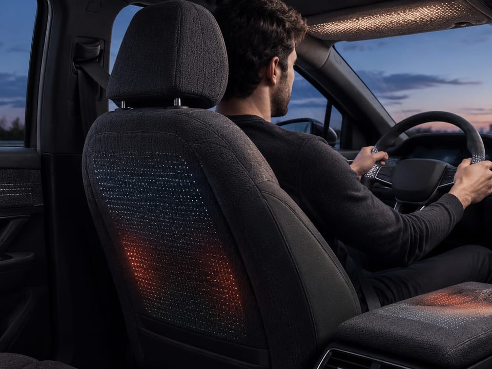 A vehicle cabin at dusk, the seat reading as a continuous knitted sensing surface