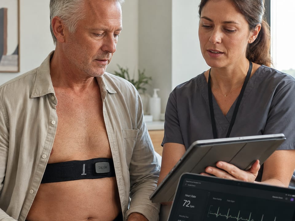 A clinician reviewing a patient's live ECG from a SKIIN cardiac band