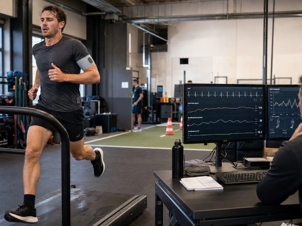 An athlete on a treadmill in instrumented apparel while a sports scientist reads live ECG, breathing and gait