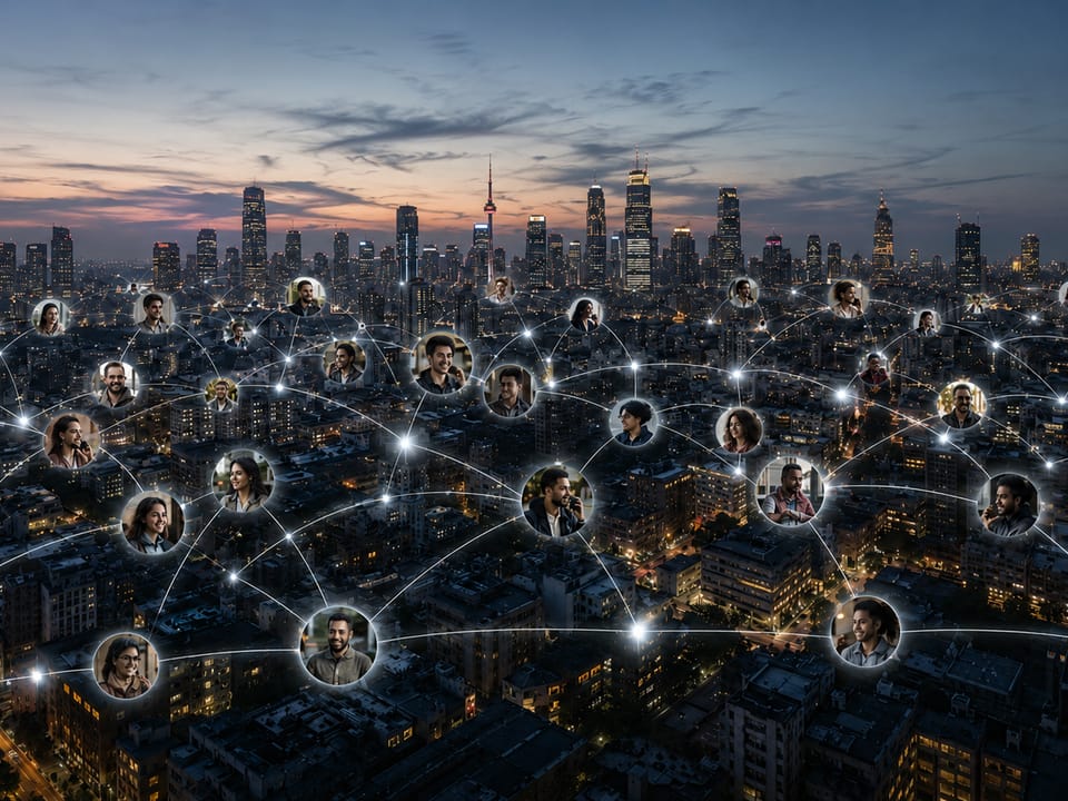 A city at dusk with people connected across it