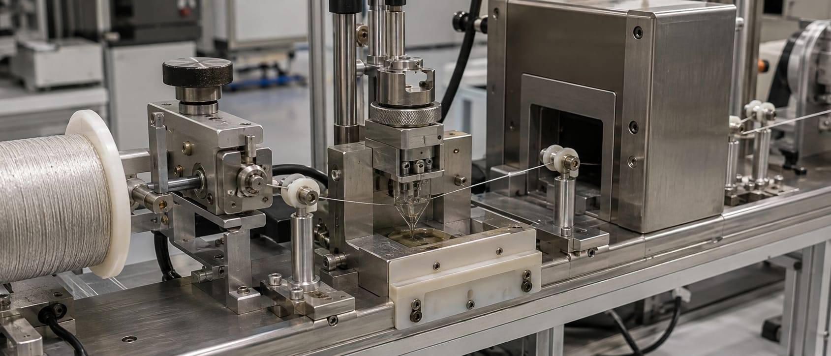 Conductive yarn running through the coating line between spools