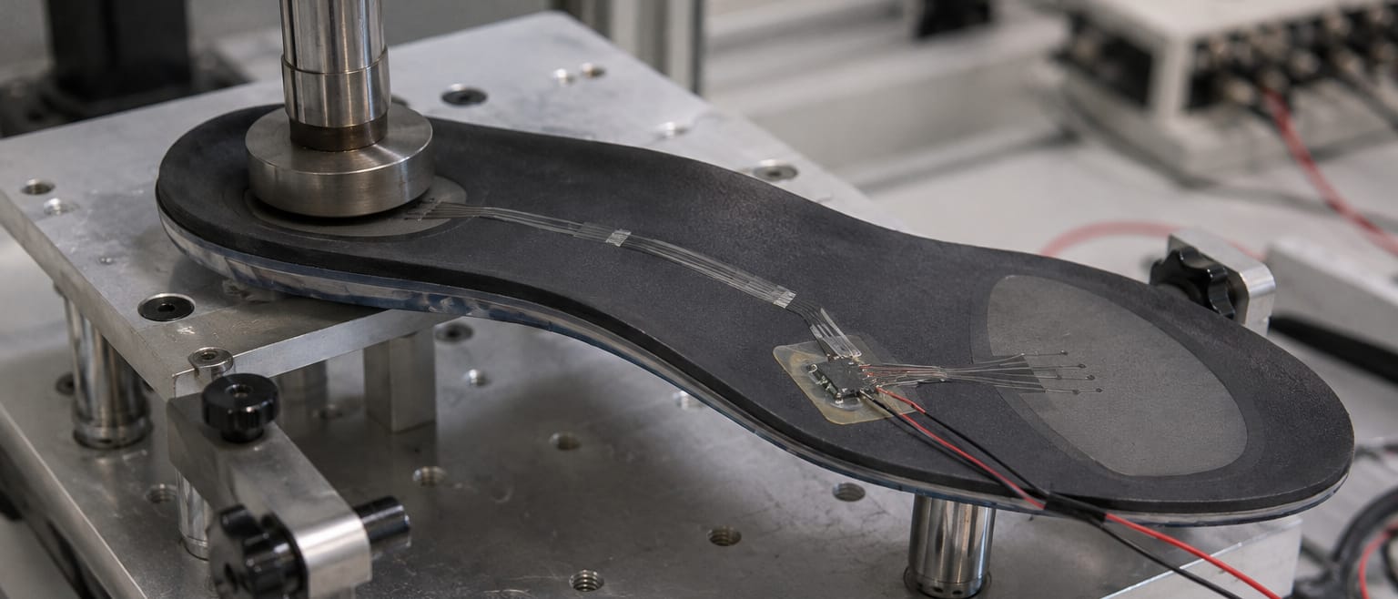 An instrumented insole under a mechanical press on the test bench