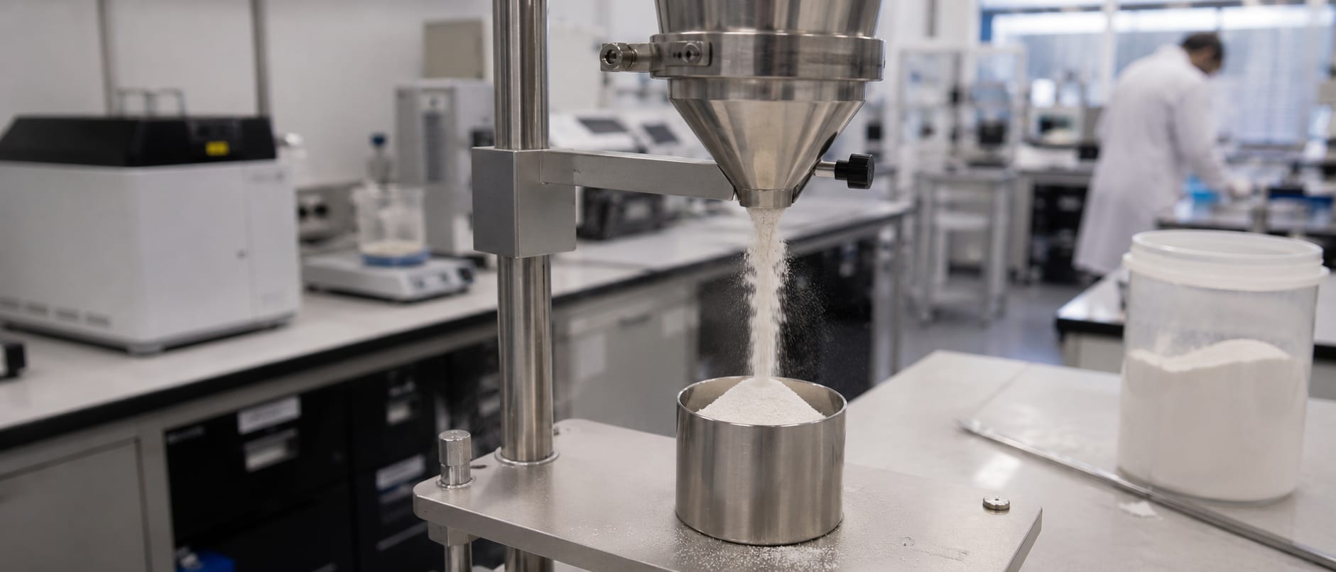 Polymer powder being dosed under a filling head in the materials lab