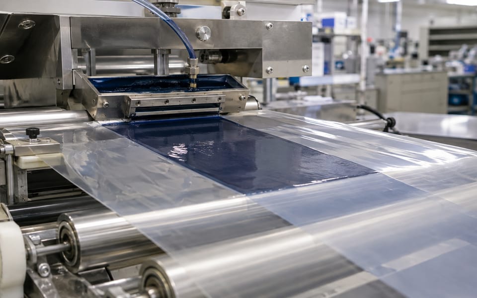 A roll-to-roll line coating conductive polymer onto clear film