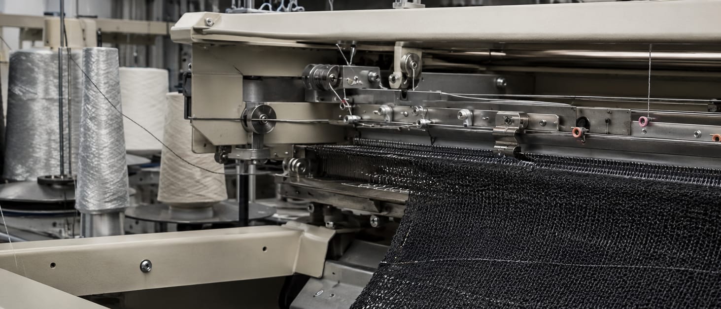 A knitting machine running conductive yarn into a textile structure