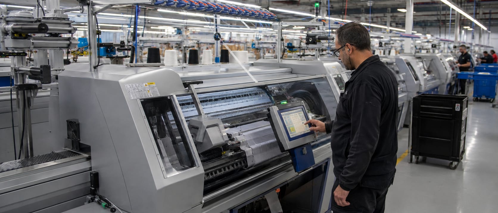 An operator at an industrial knitting machine control panel on the production floor