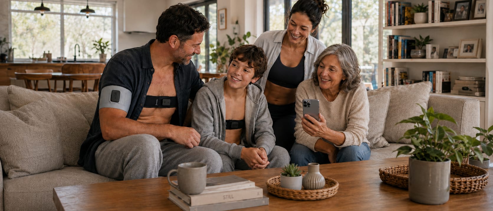 A family at home, one member wearing a SKIIN cardiac band