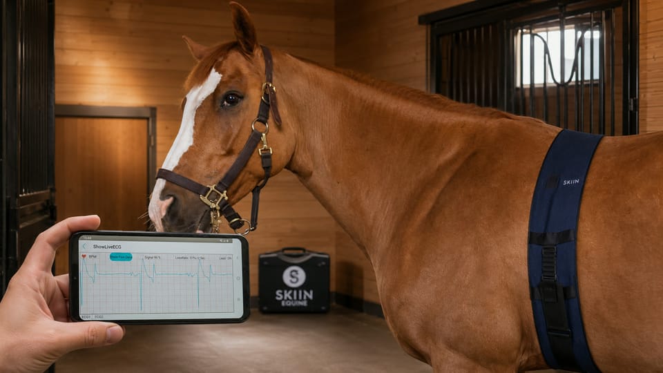 A horse wearing the SKIIN Equine heart-girth band with a live ECG trace on a handset
