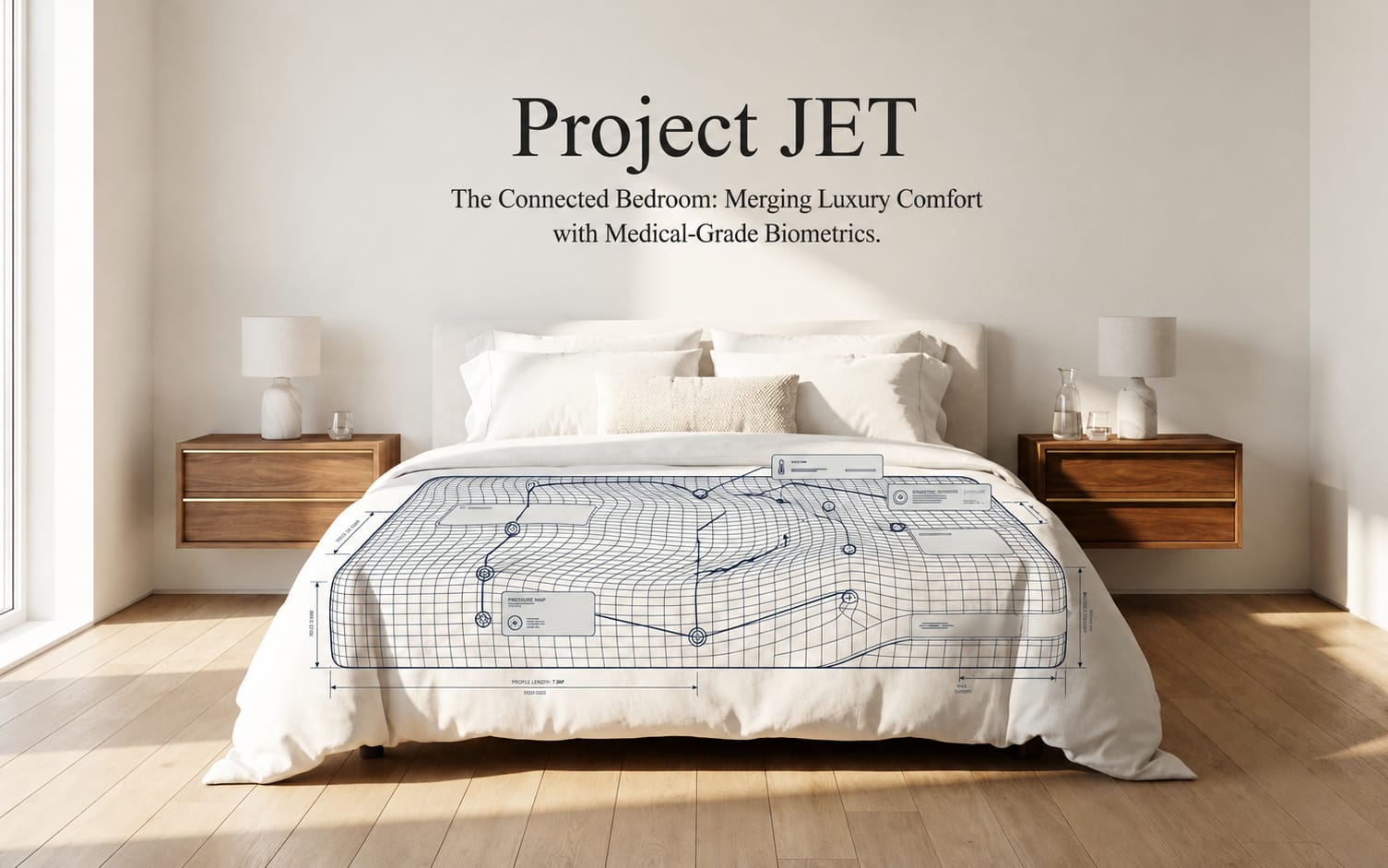 Project JET — a connected bed with its sensing and climate layers drawn over the bedding