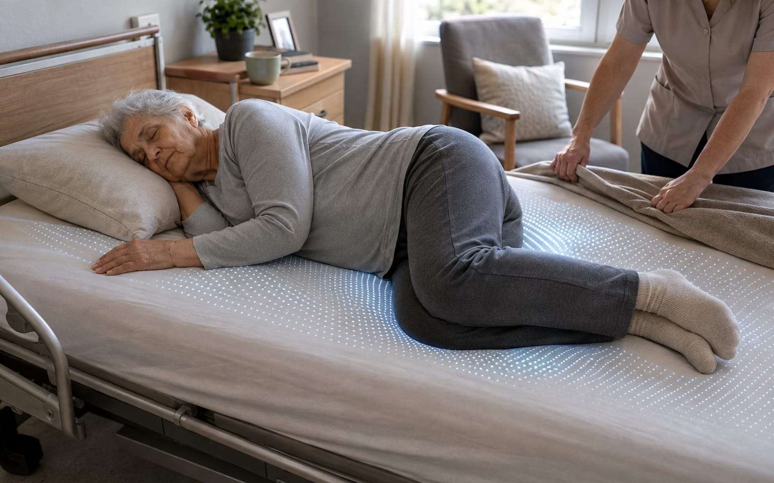 A care-facility bed made up with the sensing bedsheet