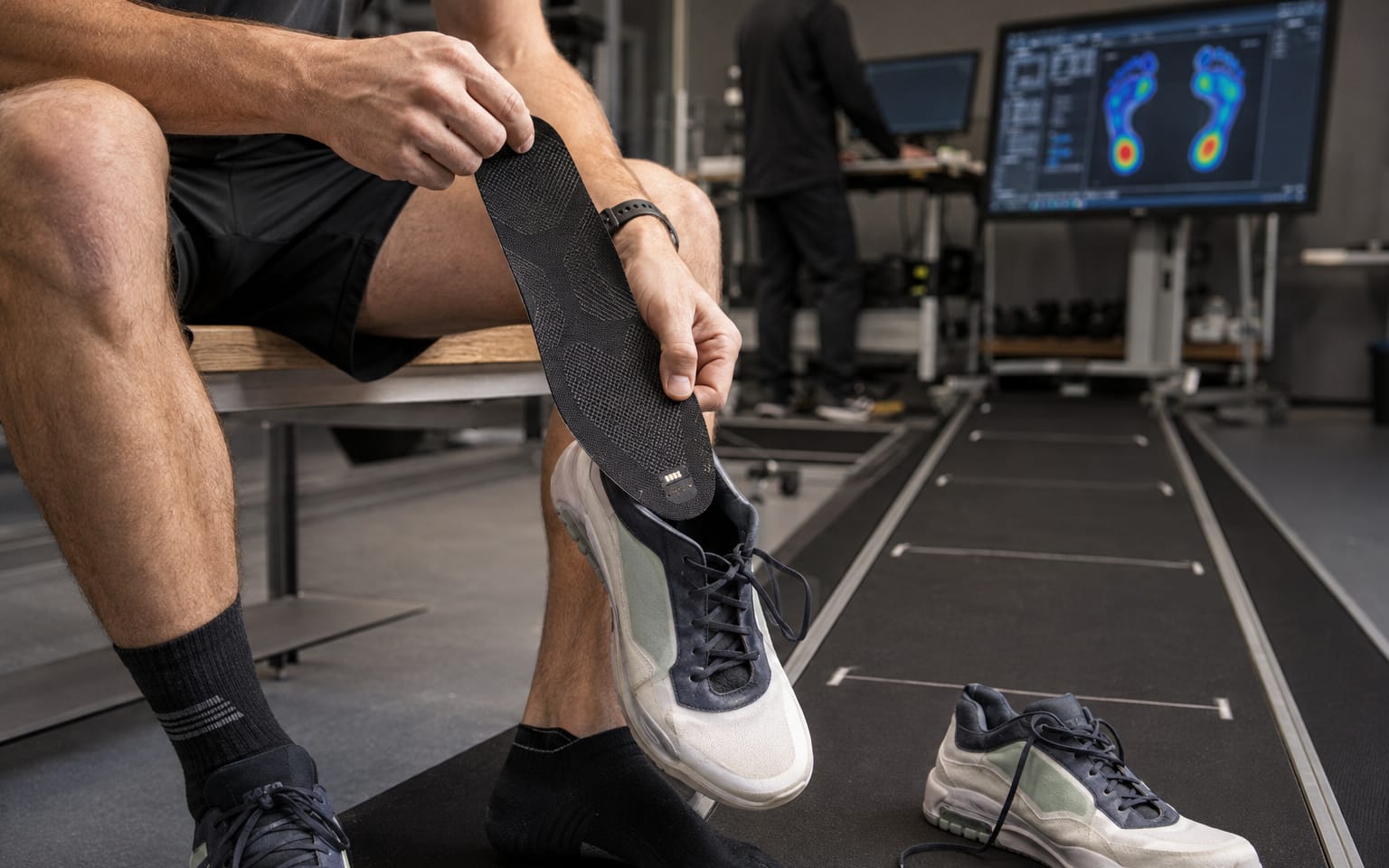 An athlete dropping a sensing insole into a running shoe, foot-pressure map on the lab display