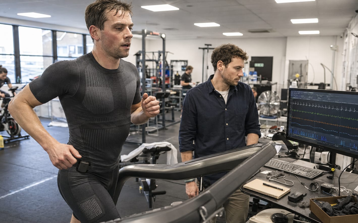 An athlete on the treadmill with live physiological data alongside