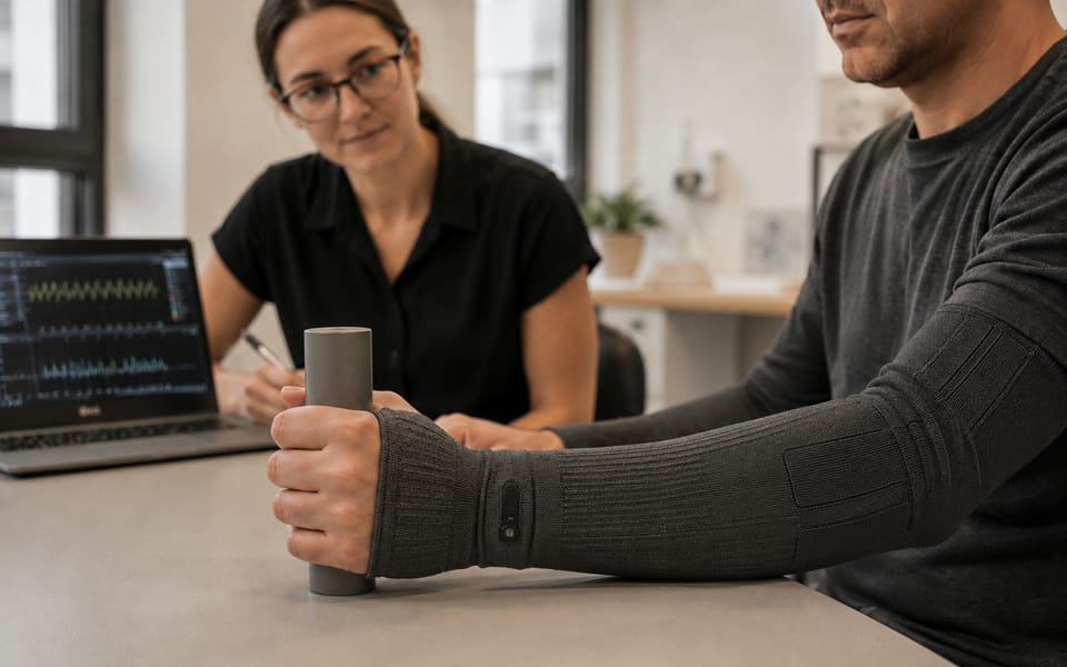 A participant's hand closing around an object, a textile electrode sleeve on the forearm — close, documentary, hopeful.
