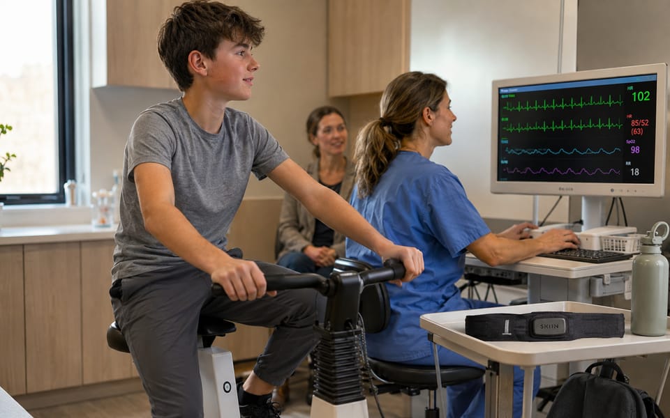 A child on an exercise bike during a cardiac test, live heart trace on the clinician's monitor
