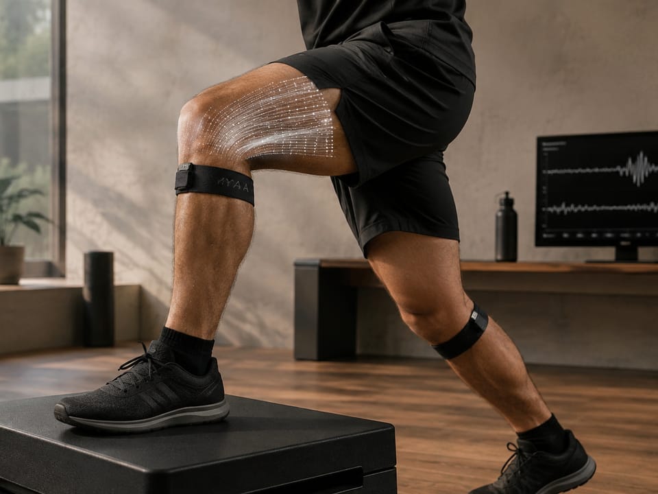 Knitted EMG bands on thigh and calf during a step-up, muscle-activation trace on screen