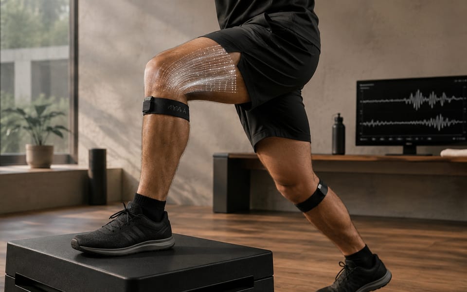 Knitted EMG bands on thigh and calf during a step-up, muscle-activation trace on screen