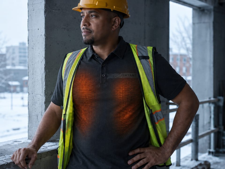 A knitted MYANT polo with zoned heating elements glowing, worn under a hi-vis vest on a winter site