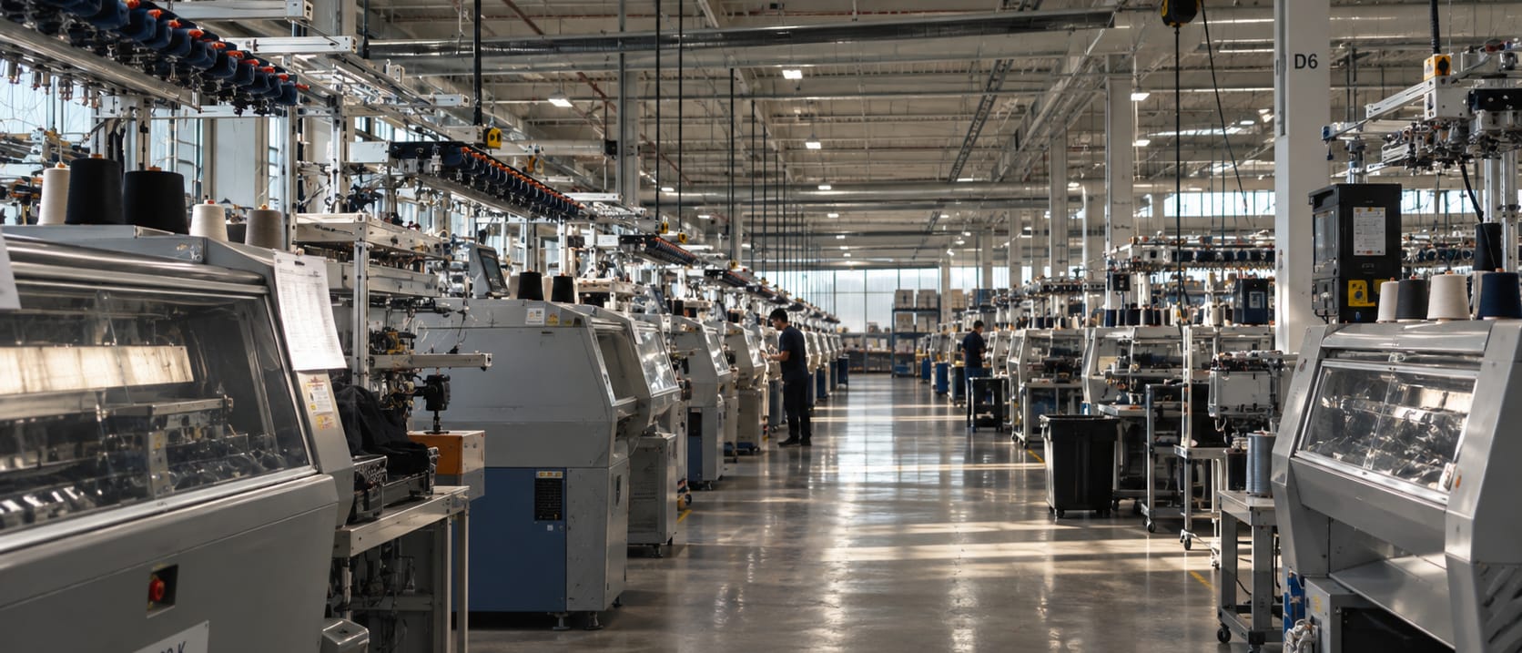 The Mississauga production hall — flat-knitting machines running the length of the floor