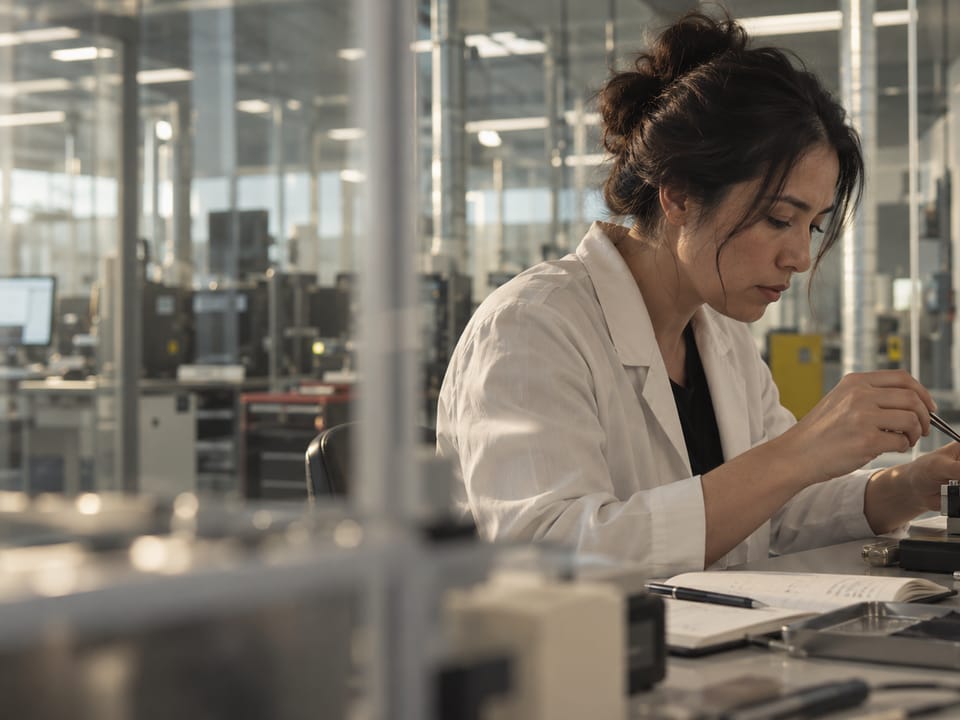 A materials scientist testing a sample at the bench in the clean laboratory