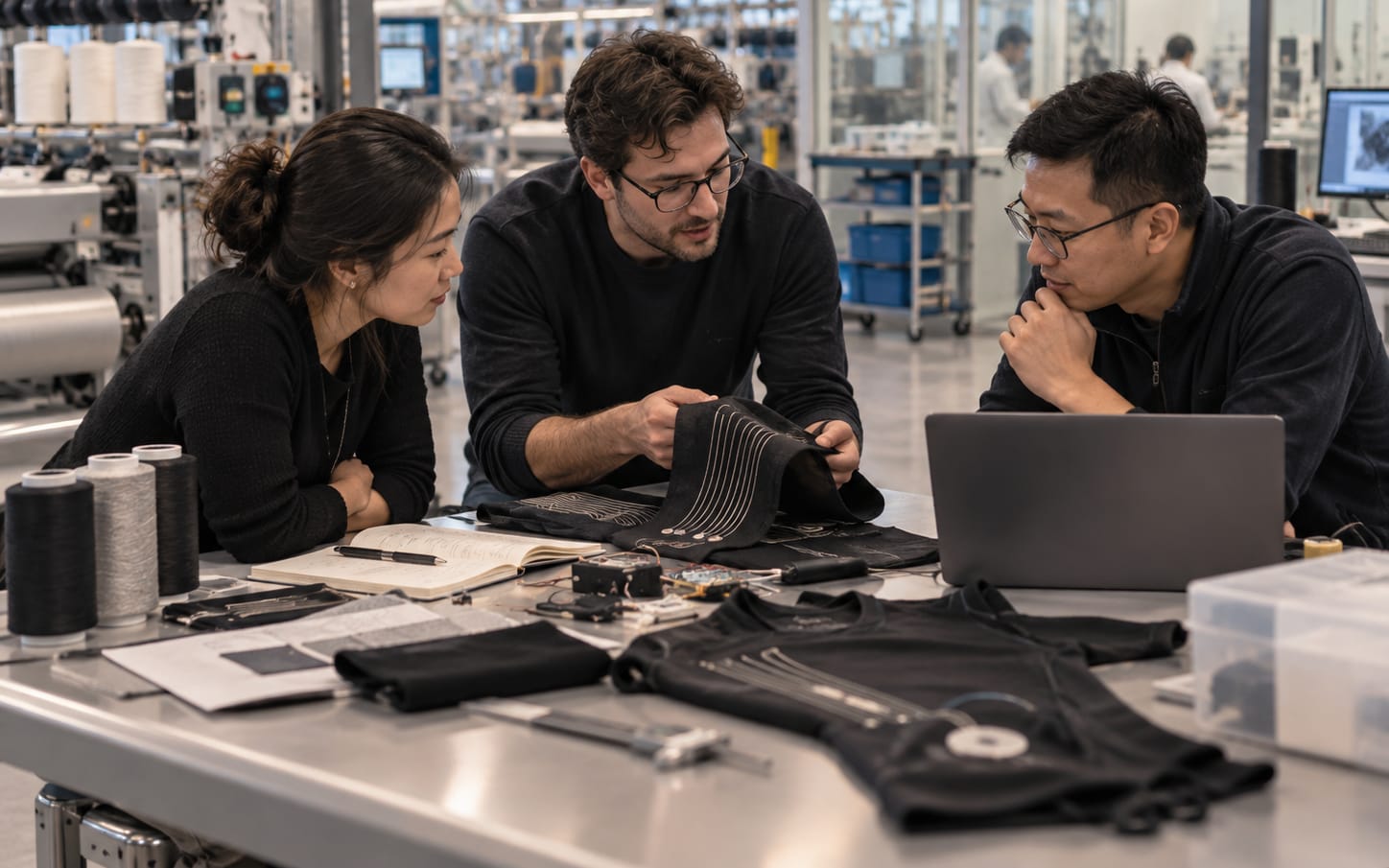 A small team examining a knitted sensor panel at the bench on the Mississauga production floor