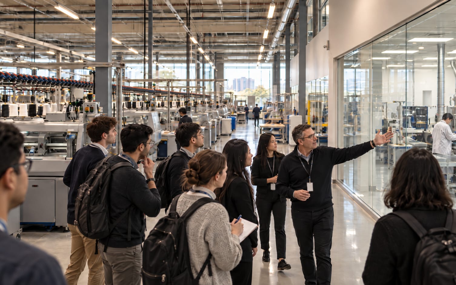 A university group touring the Mississauga knitting floor and clean lab