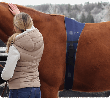 A Myant X team member petting a horse wearing a Skiin equine band for health and performance tracking